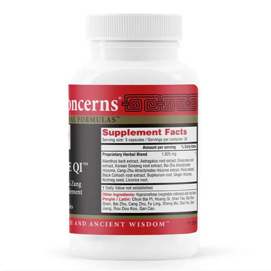 Health Concerns Source Qi bottle label showing herbs like Astragalus and Ginseng for wellness.
