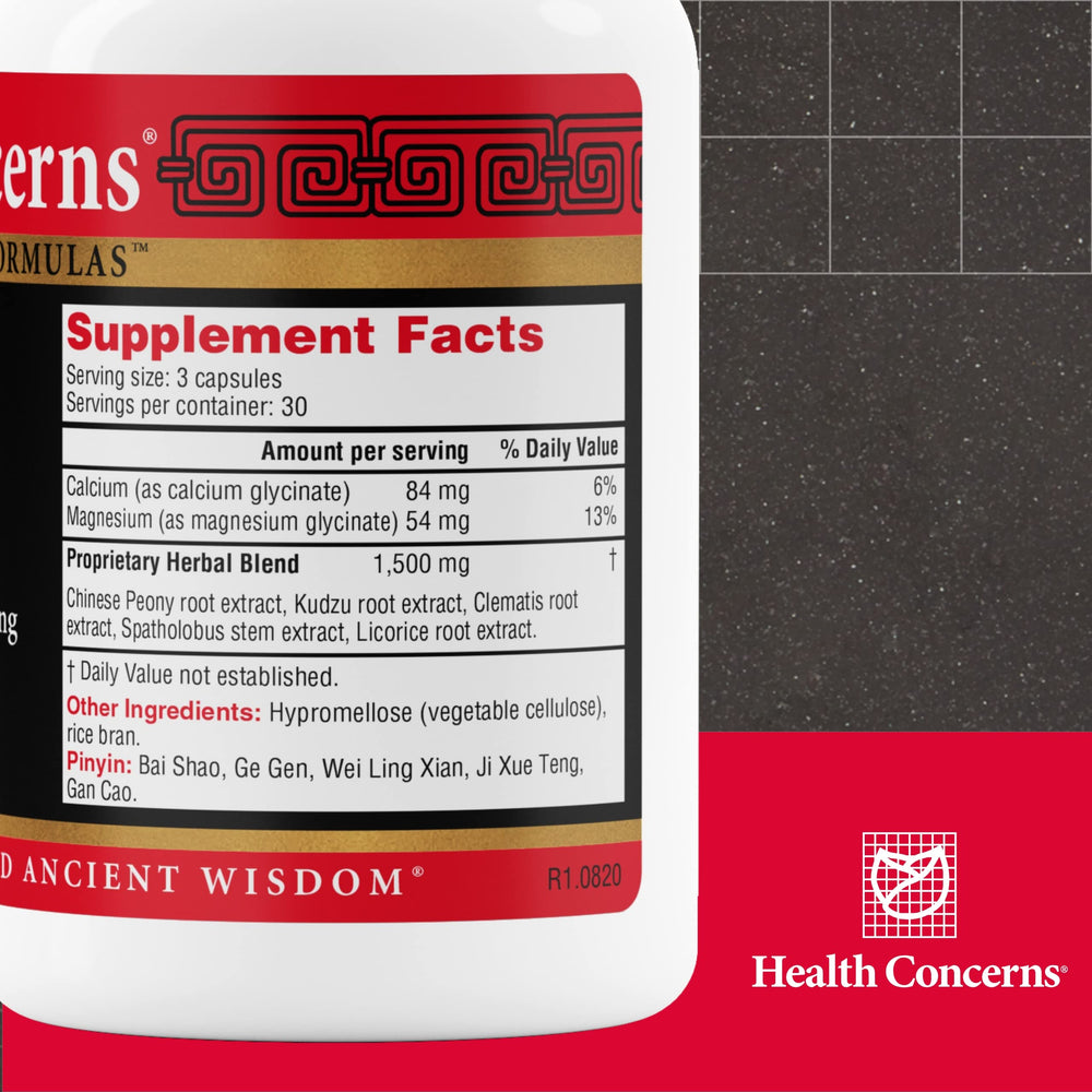 Health Concerns SPZM bottle label close-up showing herbal blend for muscle relaxation potential