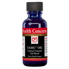 Health Concerns Tamu Oil bottle close-up showing a nourishing blend for dryness relief.