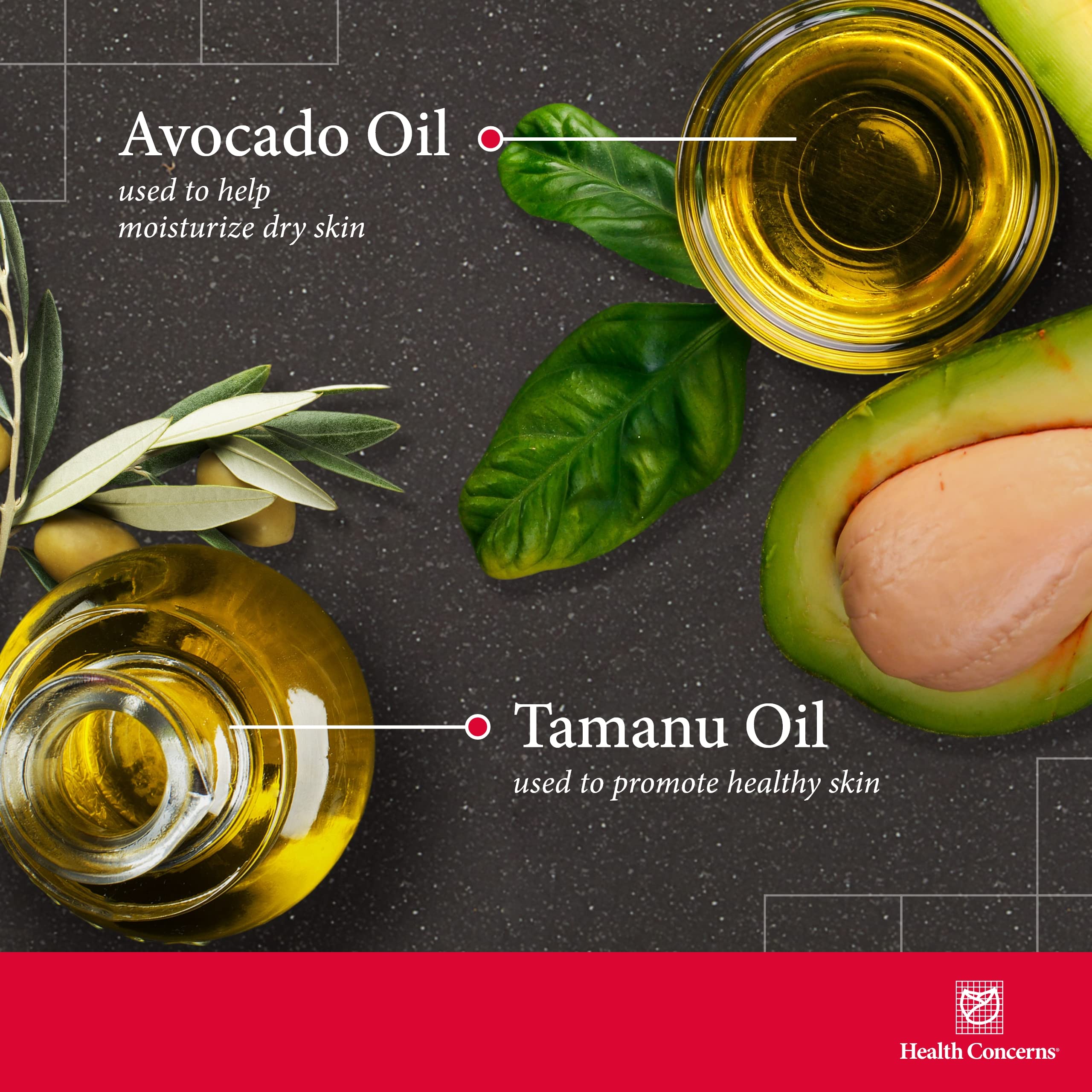 Health Concerns Tamu Oil ingredients tamanu avocado peppermint for soothing nourishment.