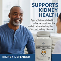 Health Defender Kidney Defender capsules close-up highlighting convenient daily kidney health capsules.