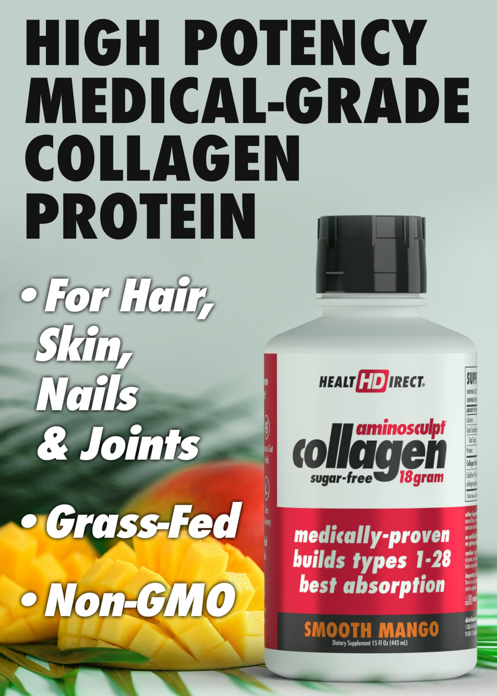 HEALTH DIRECT AminoSculpt label close-up highlights mango flavor and sugar-free formula.