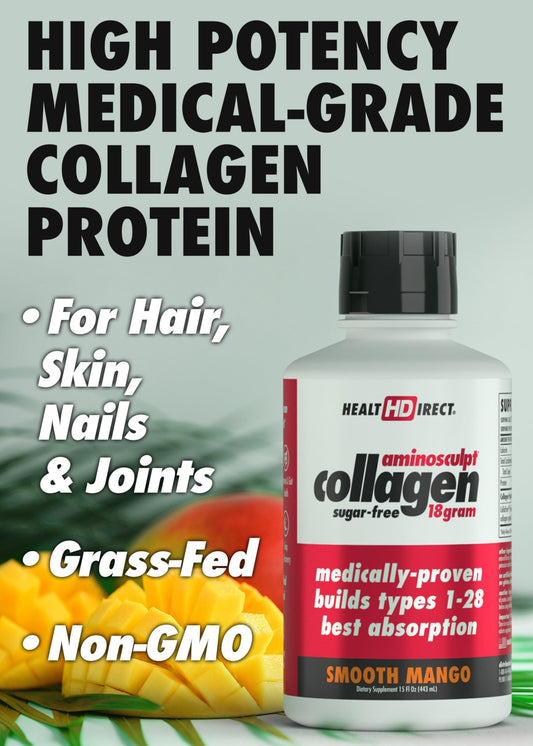 HEALTH DIRECT AminoSculpt label close-up highlights mango flavor and sugar-free formula.