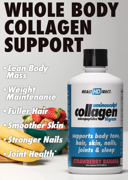 Health Direct AminoSculpt liquid collagen glass pour demonstrates convenient daily use