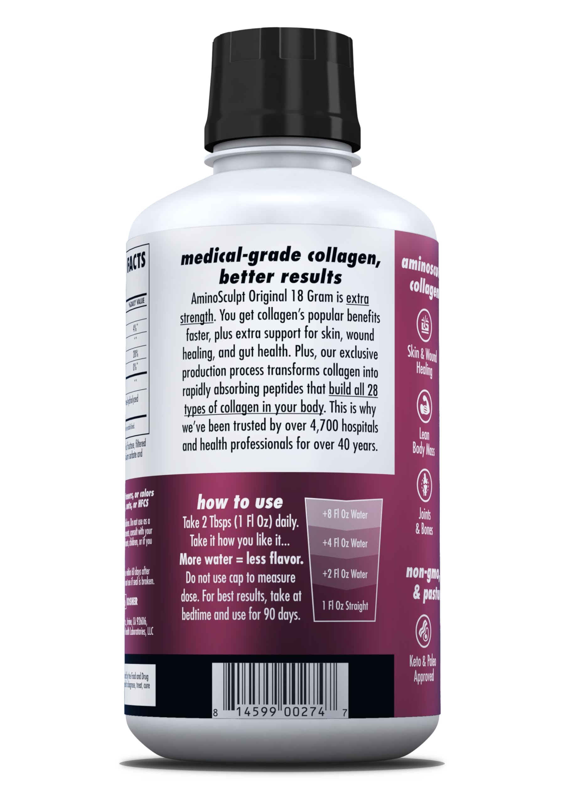 Ingredients panel on bottle emphasizes purity, no gluten, soy, dairy.