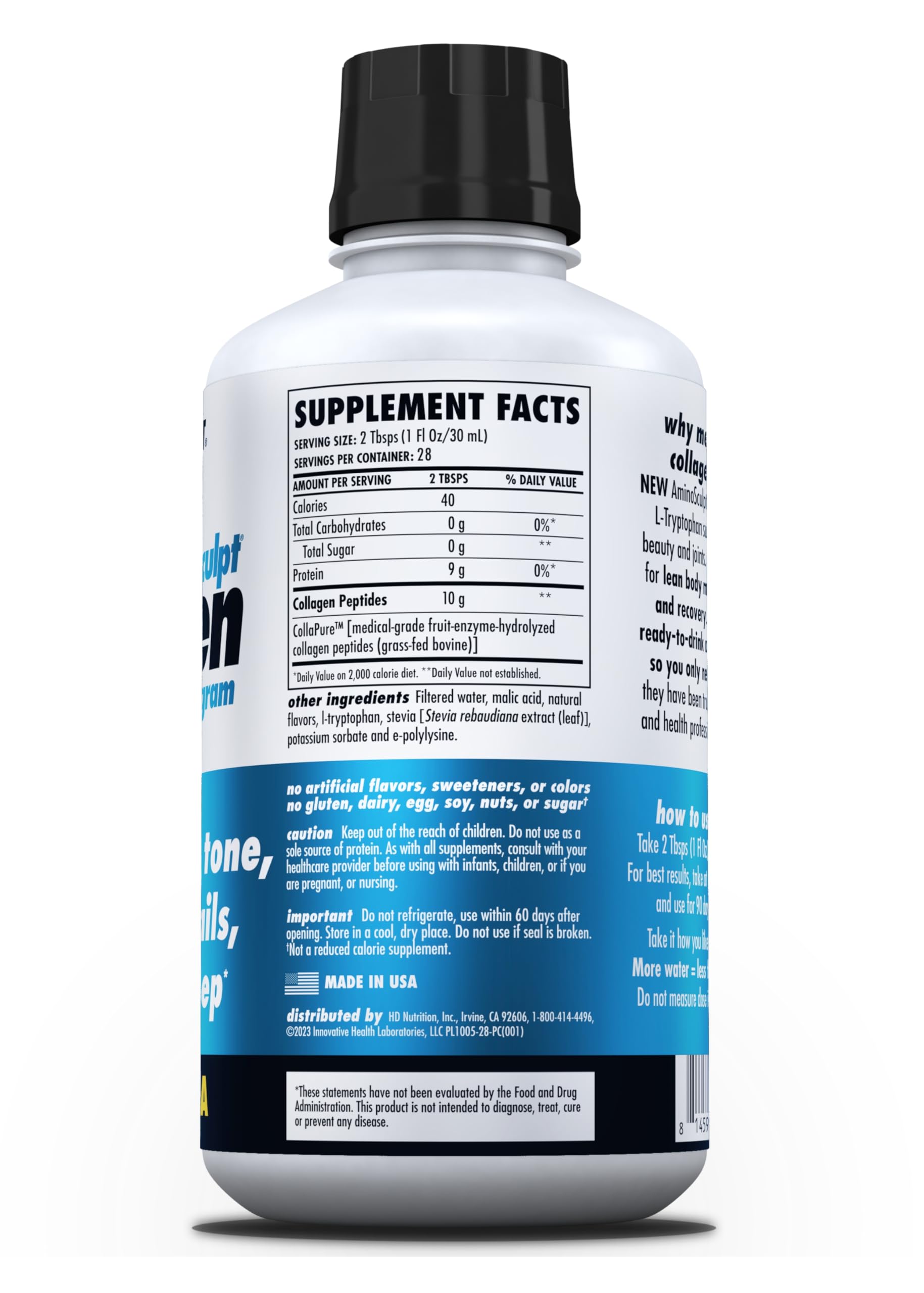HEALTH DIRECT AminoSculpt label on bottle emphasizes medical-grade collagen.
