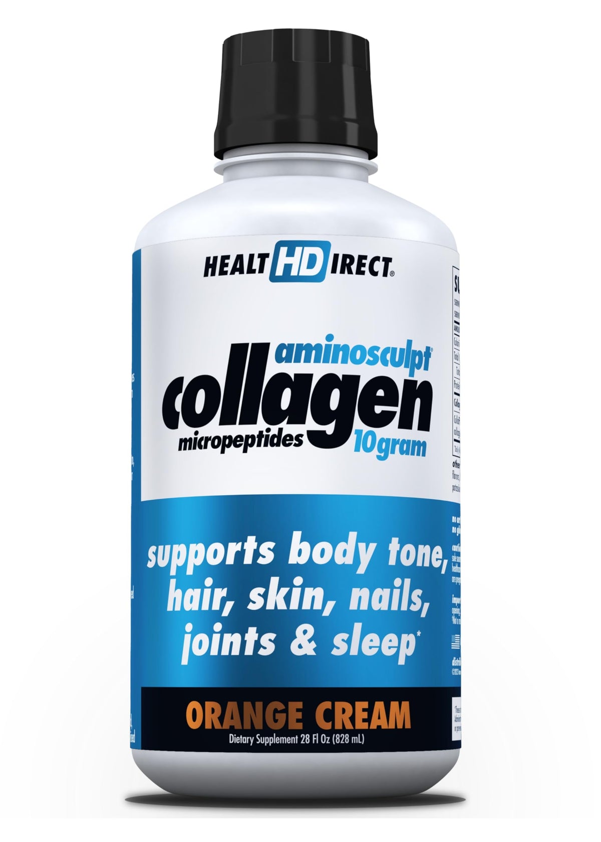 Health Direct AminoSculpt orange cream liquid collagen bottle supports daily skin and hair wellness.