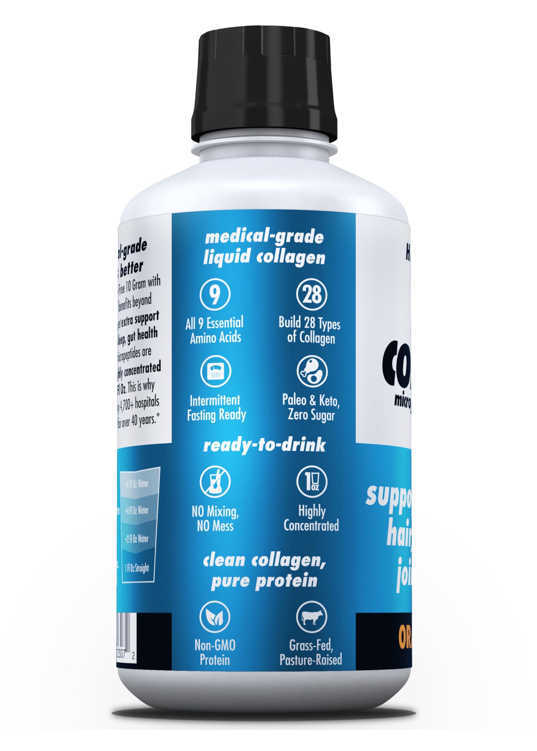 Health Direct AminoSculpt orange cream liquid collagen bottle shows clear dosing cues.