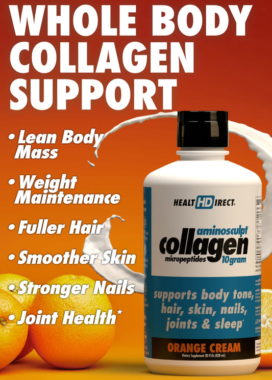 Health Direct AminoSculpt orange cream liquid collagen pour supports convenient daily supplementation.