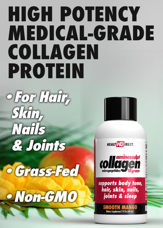 Health Direct AminoSculpt mango shot pour emphasizes convenient daily intake for beauty.