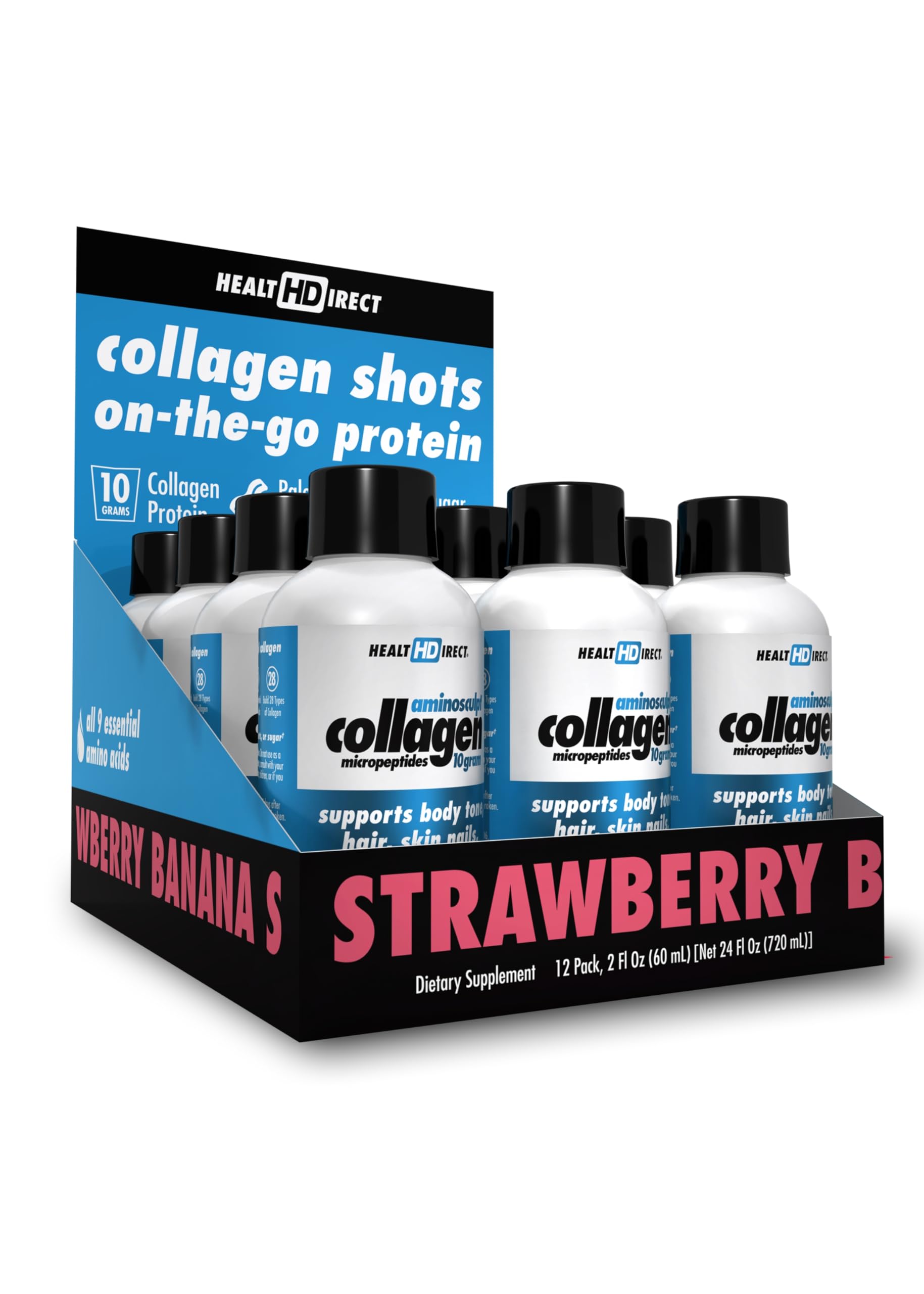 HEALTH DIRECT AminoSculpt Strawberry Banana bottle front for daily joint and skin support.