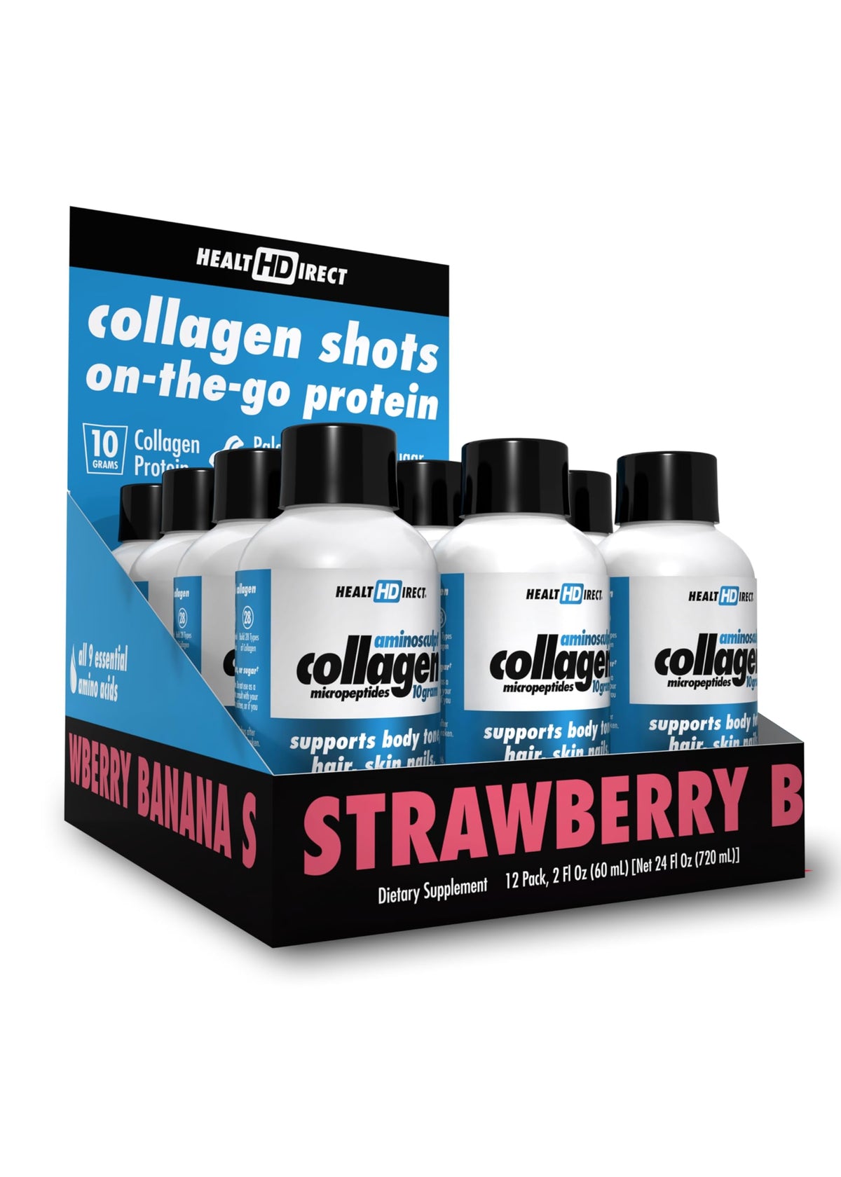 HEALTH DIRECT AminoSculpt Strawberry Banana bottle front for daily joint and skin support.