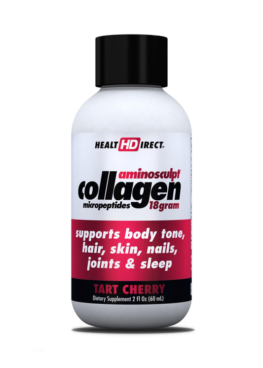 Health Direct AminoSculpt Tart Cherry shot bottle front, convenient liquid collagen for joints