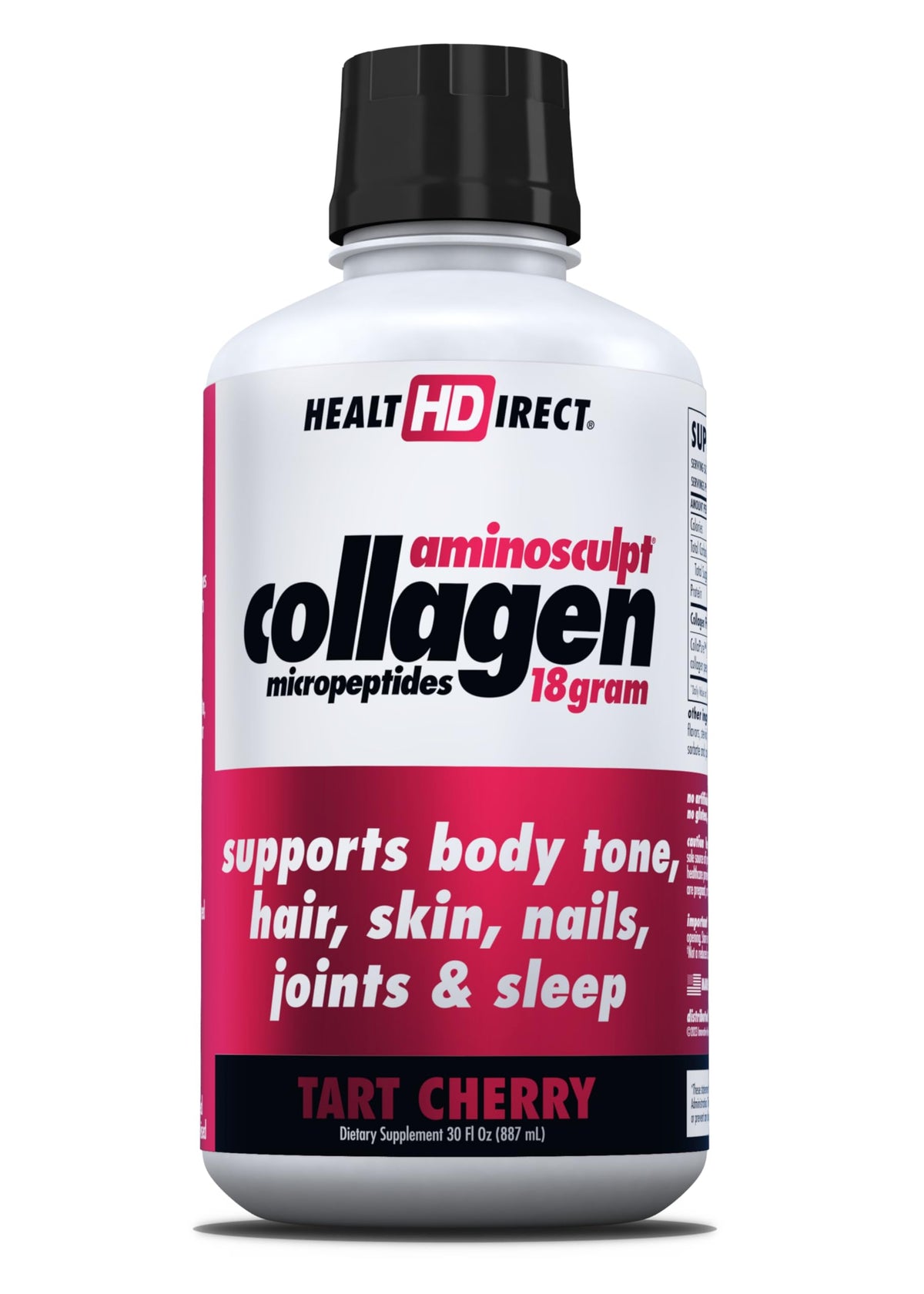 HEALTH DIRECT AminoSculpt Tart Cherry bottle shows ready-to-drink liquid collagen for daily support