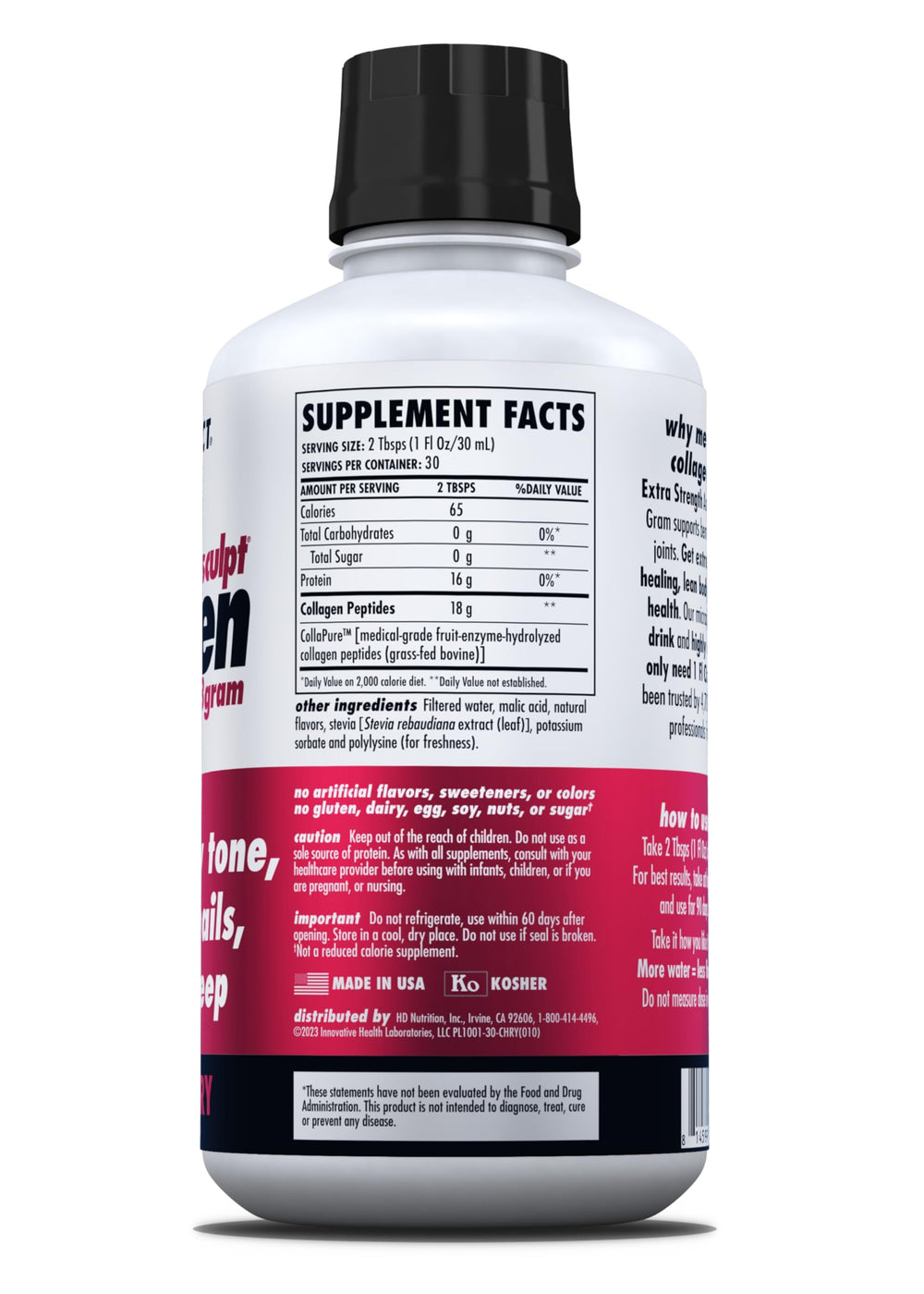 HEALTH DIRECT AminoSculpt Tart Cherry label closeup highlights medical-grade collagen and sugar-free formula