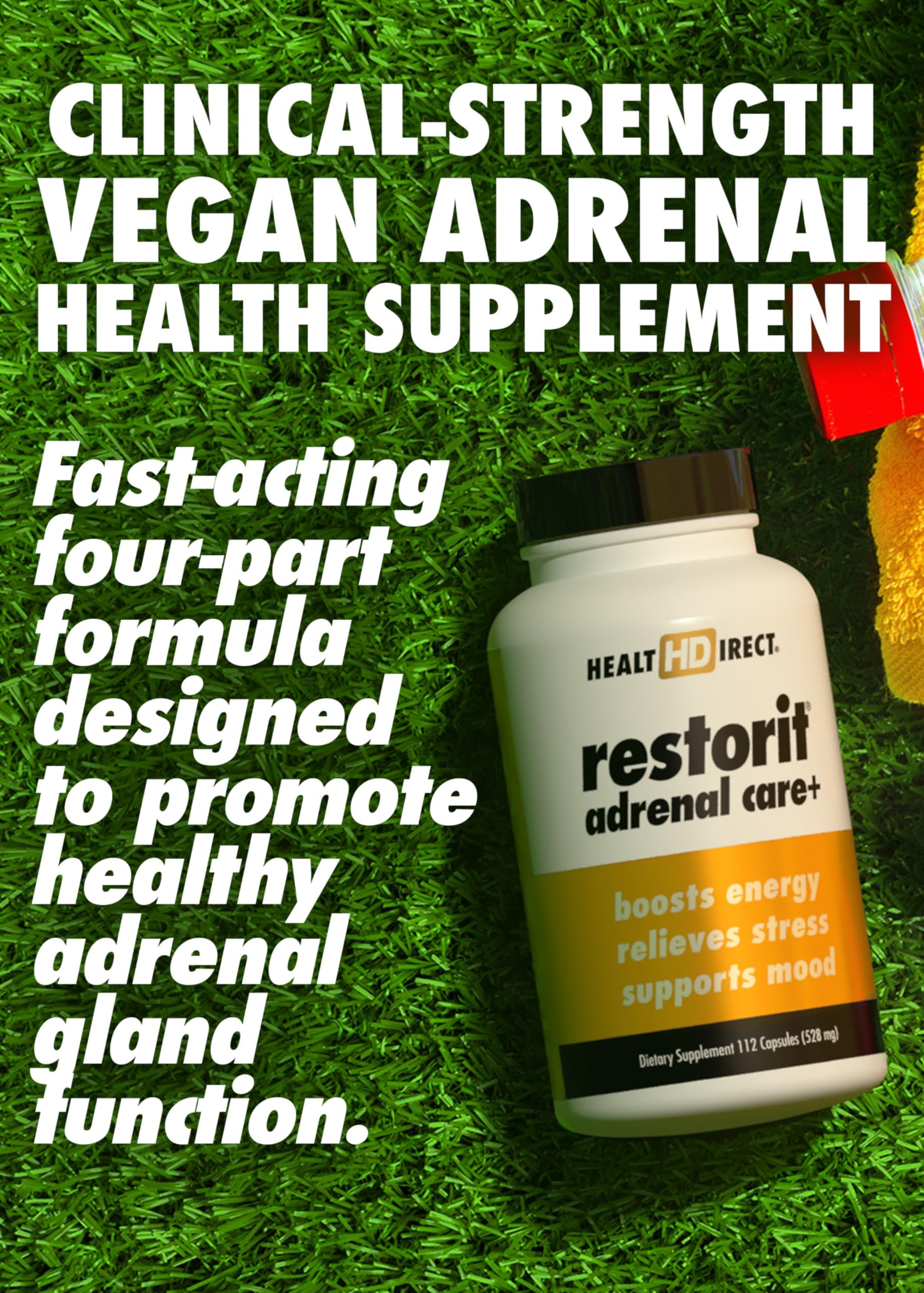 Health Direct Restorit Adrenal Care label closeup with ingredients and dosage.