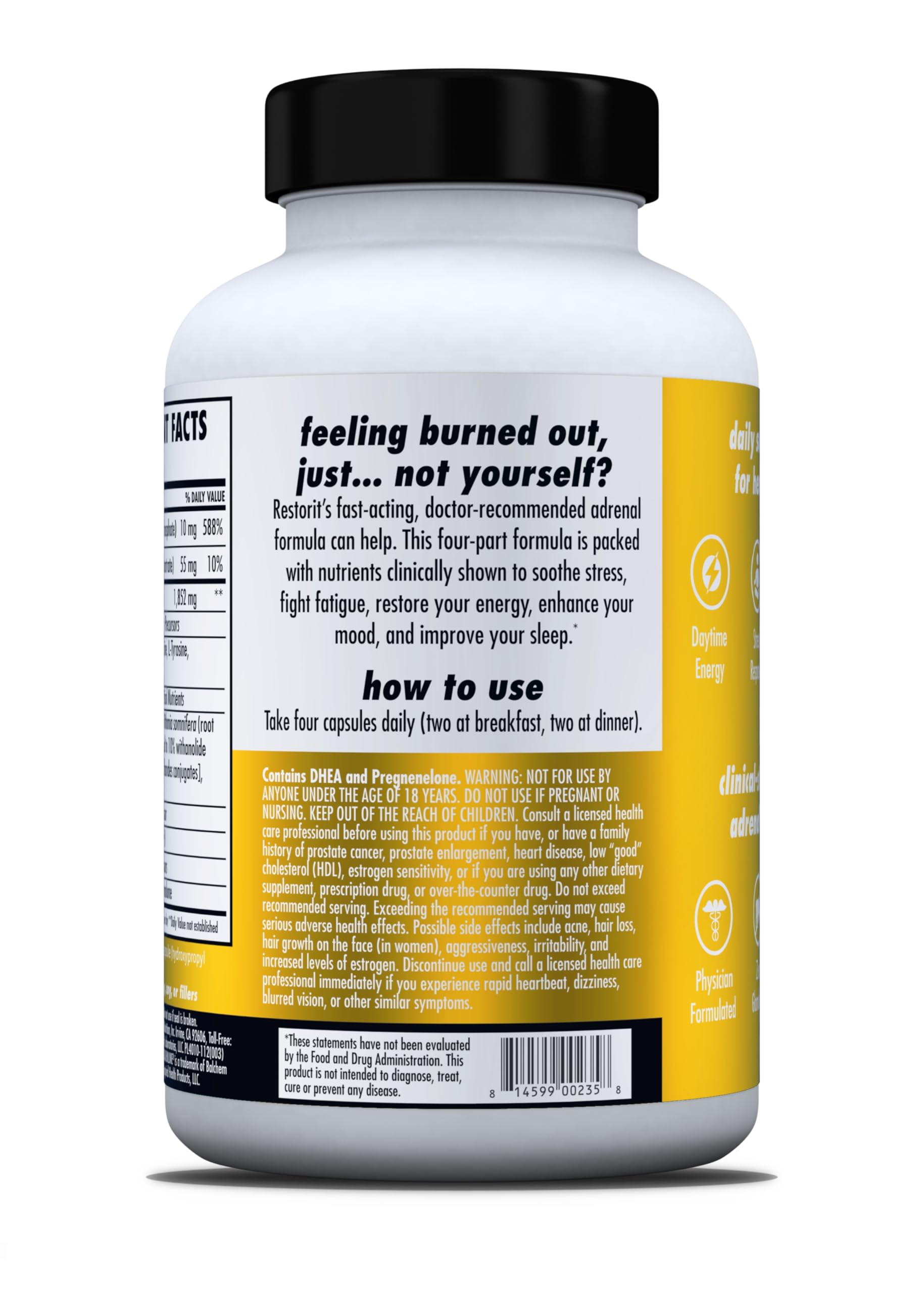 Health Direct Restorit Adrenal Care capsule closeup and quantity.