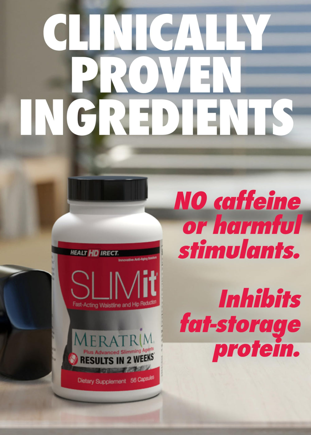 HEALTH DIRECT SLIMit capsules closeup emphasizes stimulant-free formulation for daily use.