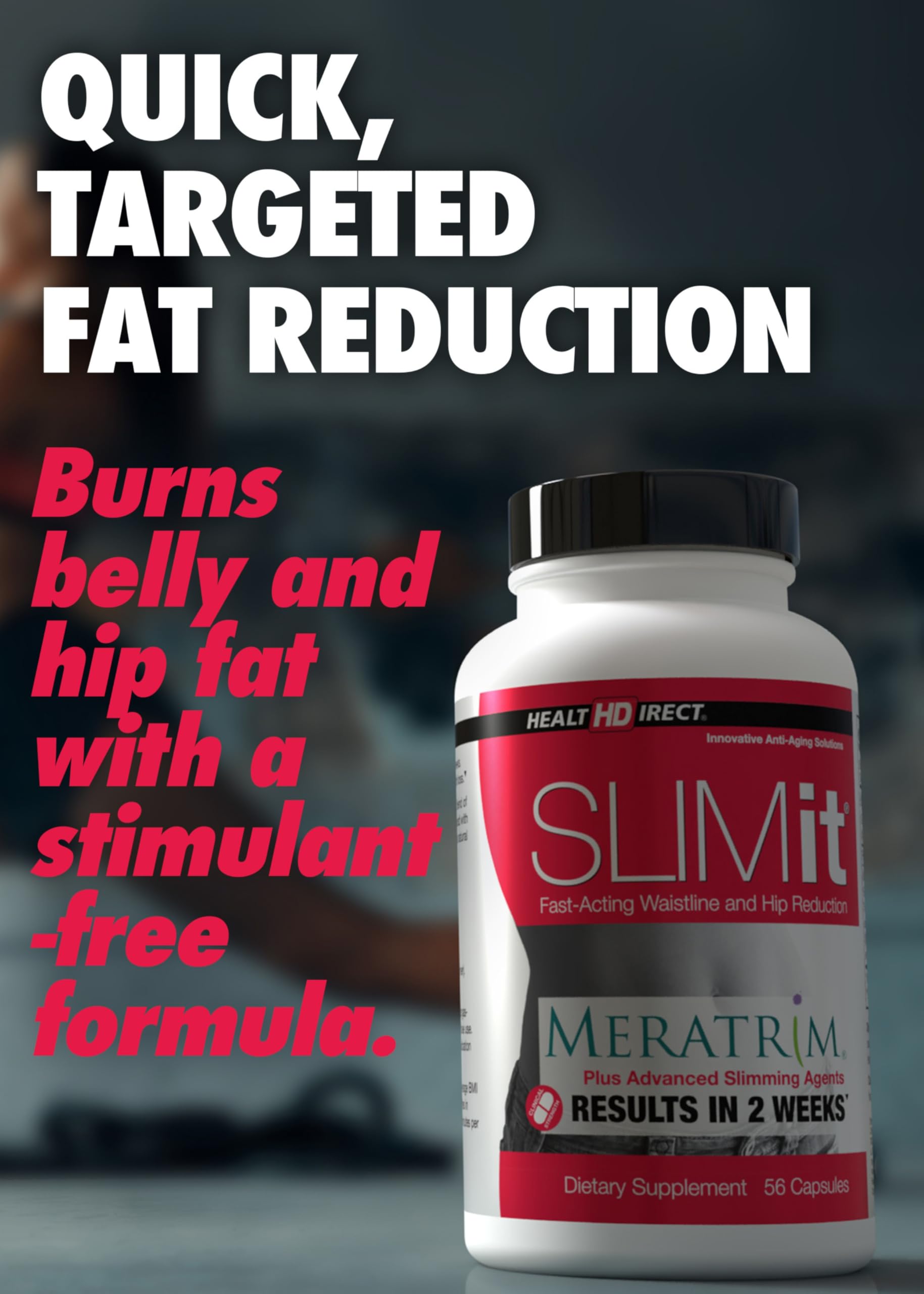 HEALTH DIRECT SLIMit ingredients label highlights Meratrim, Resveratrol, and Crominex Chromium for metabolic support.