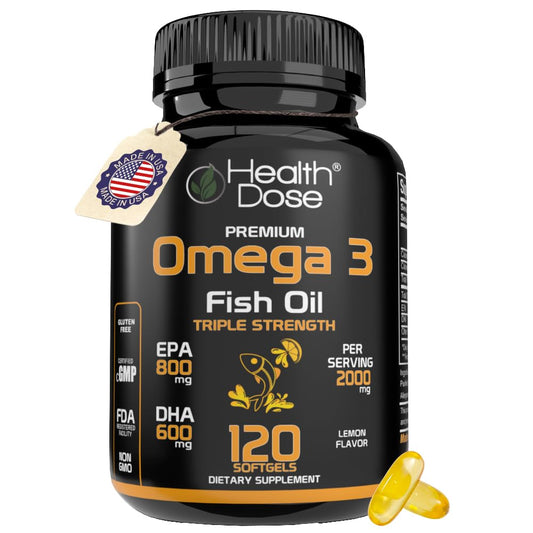 Health Dose Omega 3 lemon softgels bottle emphasizes easy swallowing for daily wellness