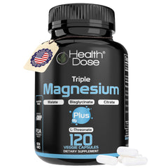 Health Dose Triple Magnesium bottle on shelf supports daily wellness and balanced energy