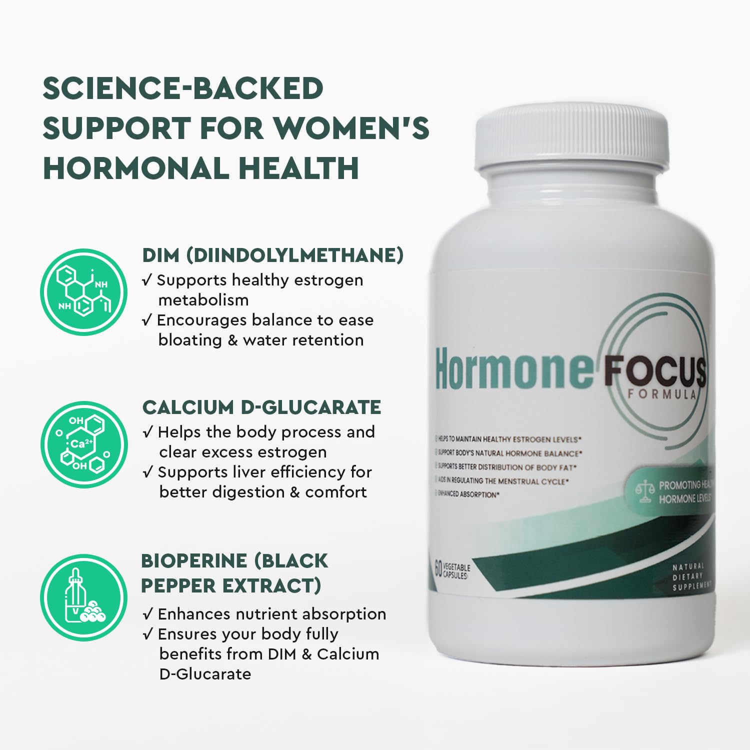 Health Focused Hormone Focus label details showing ingredients and benefits.