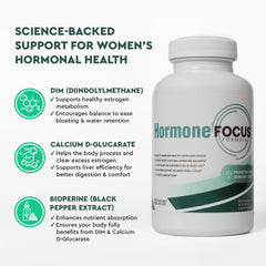 Health Focused Hormone Focus label details showing ingredients and benefits.