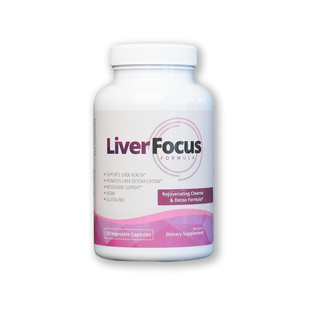Health Focused JJ Smith Liver Focus bottle shows convenient daily capsules for metabolism support.