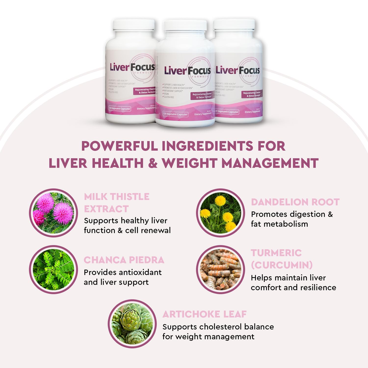 Health Focused JJ Smith Liver Focus label highlights milk thistle and turmeric benefits.