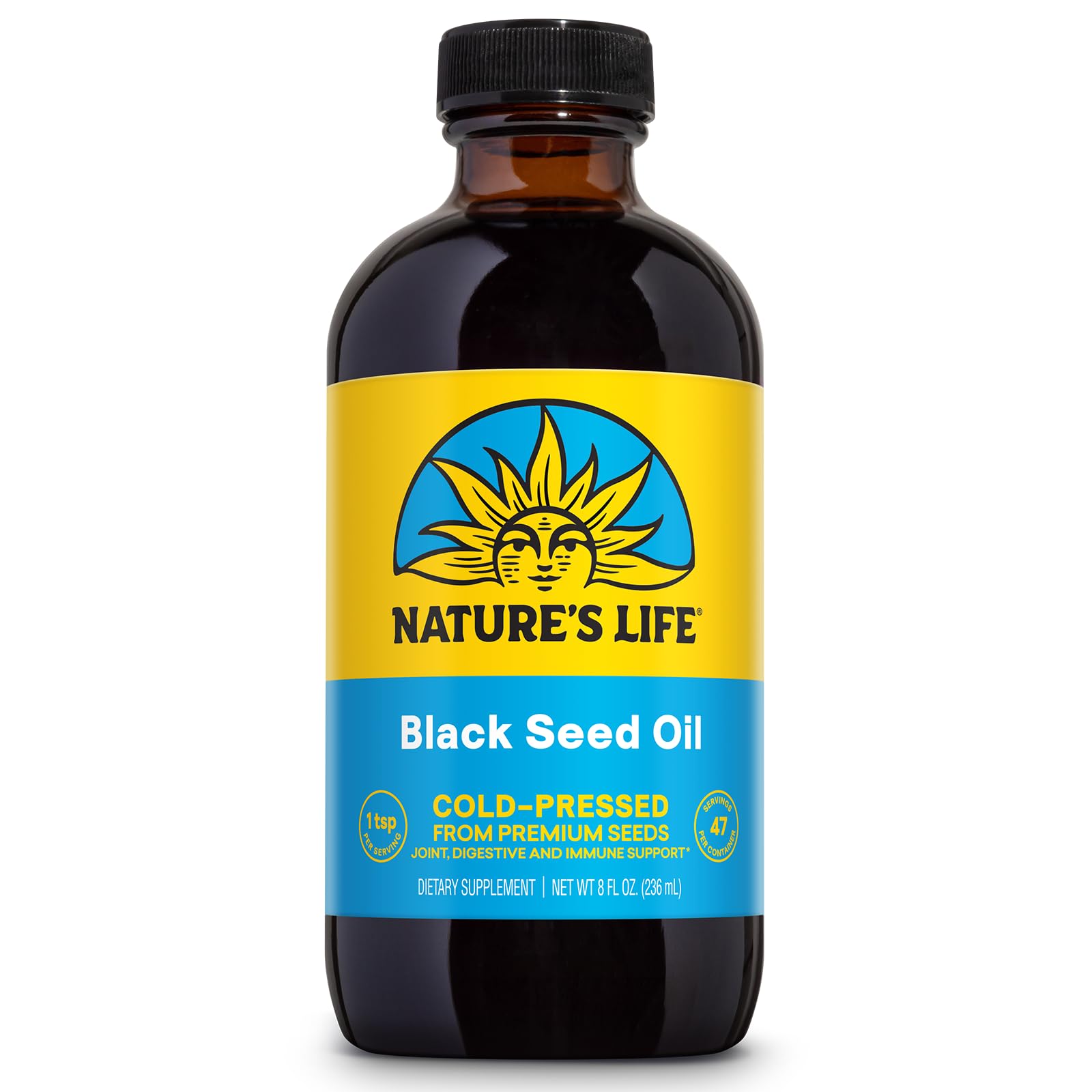 Health From The Sun Nature's Life black seed oil bottle pour for daily use