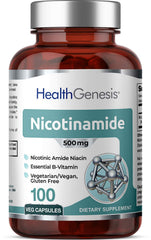 Health Genesis B-3 Nicotinamide 500 mg bottle daily-use capsules for potential energy support