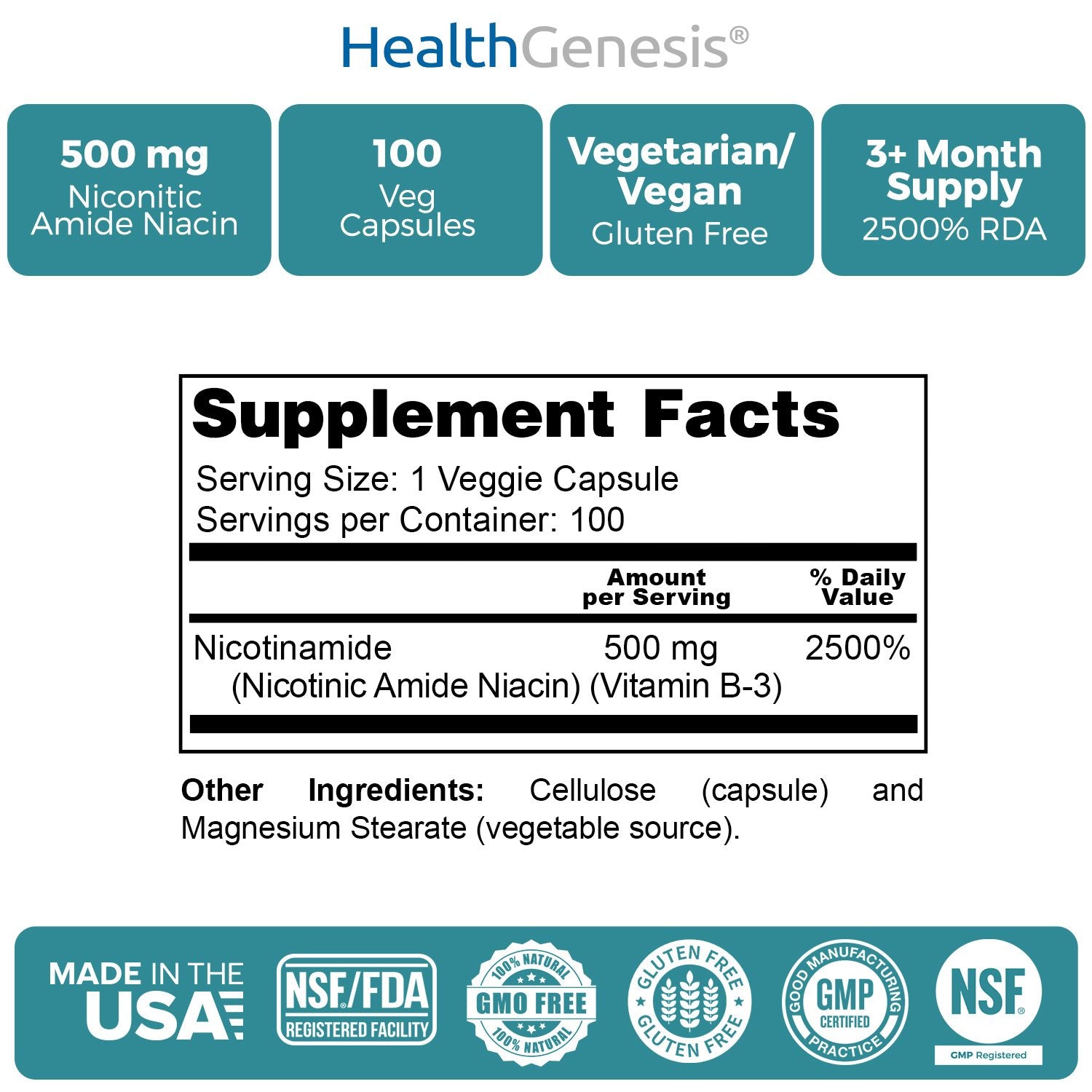 Health Genesis B-3 Nicotinamide 500 mg close-up of capsules shows smooth coating