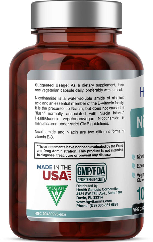 Health Genesis B-3 Nicotinamide 500 mg label close-up shows product details for informed use