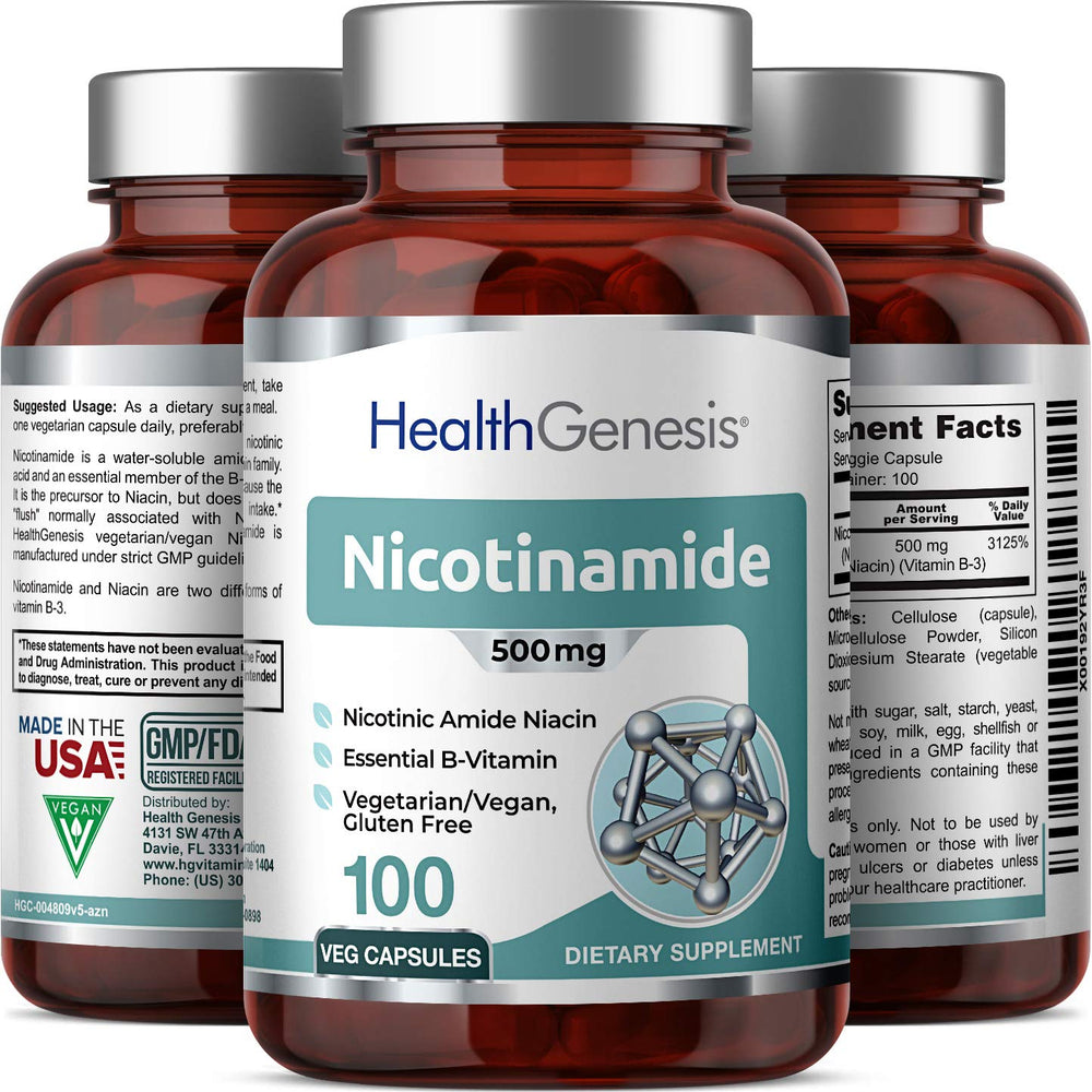 Health Genesis B-3 Nicotinamide 500 mg packaging on display highlights NSF GMP manufacturing