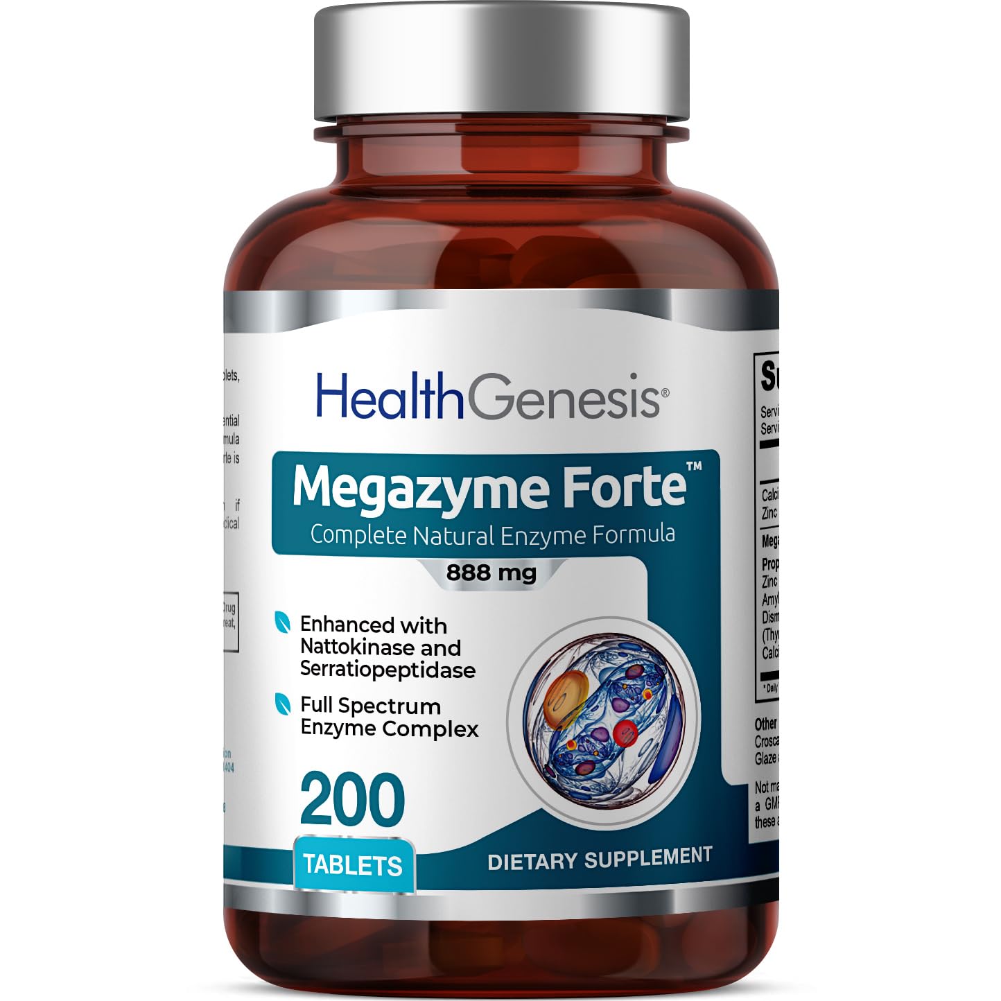 Health Genesis Megazyme Forte bottle front highlighting digestion support for daily meals.