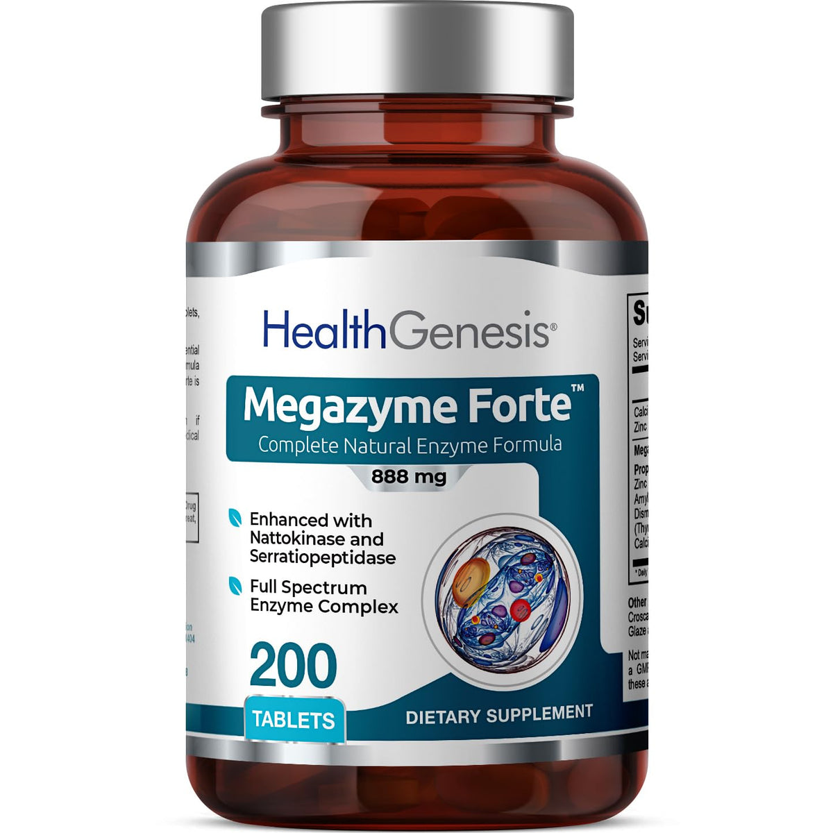 Health Genesis Megazyme Forte bottle front highlighting digestion support for daily meals.