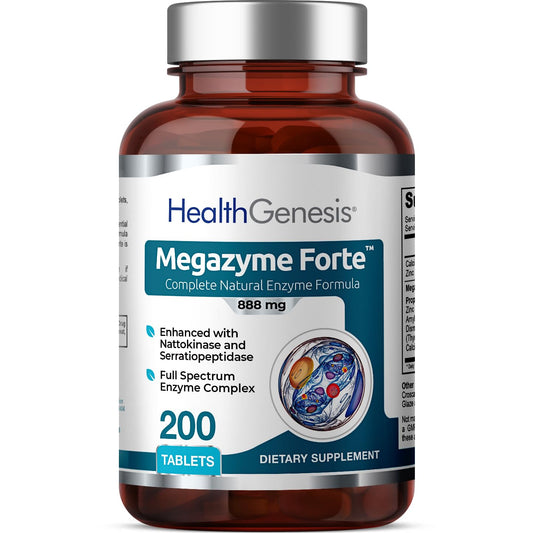 Health Genesis Megazyme Forte bottle front highlighting digestion support for daily meals.