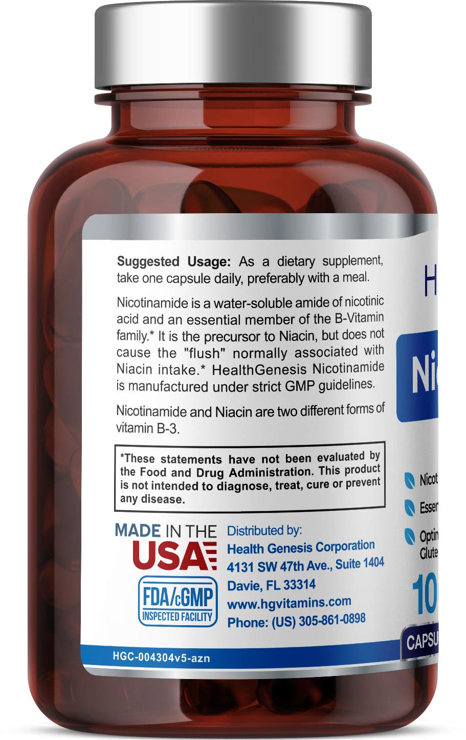 Health Genesis Nicotinamide capsules close-up highlights flush-free formulation