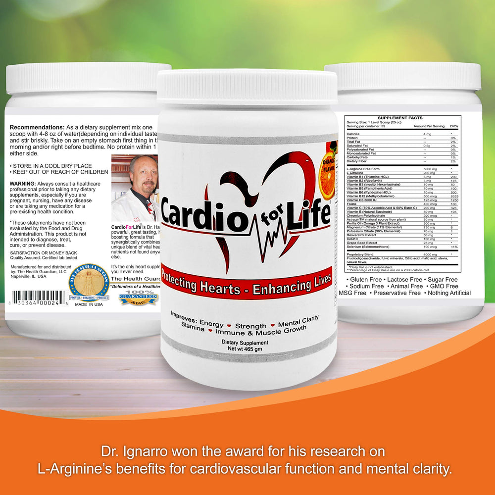 Close-up of Health Guardian Cardio for Life label detailing heart health and safety features