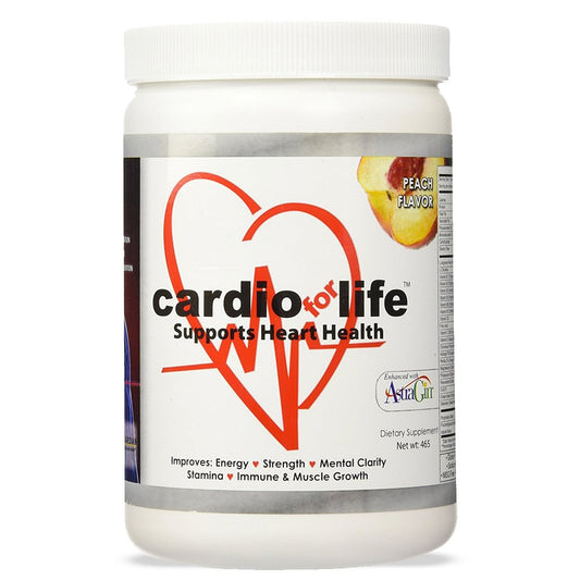 Health Guardian Cardio for Life peach powder bottle showing the brand and flavor for daily energy