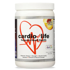 Health Guardian Cardio for Life peach powder bottle showing the brand and flavor for daily energy