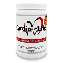 Health Guardian Cardio for Life powder jar shown with measuring scoop for daily use and energy support