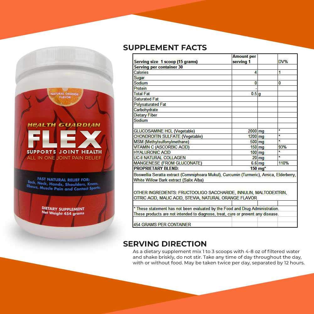 Health Guardian Flex Orange Powder tub closeup shows glucosamine and collagen for joints.