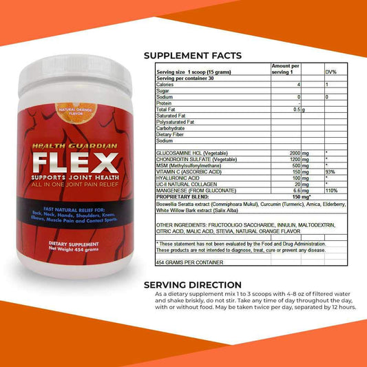 Health Guardian Flex Orange Powder tub closeup shows glucosamine and collagen for joints.