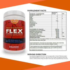 Health Guardian Flex Orange Powder tub closeup shows glucosamine and collagen for joints.