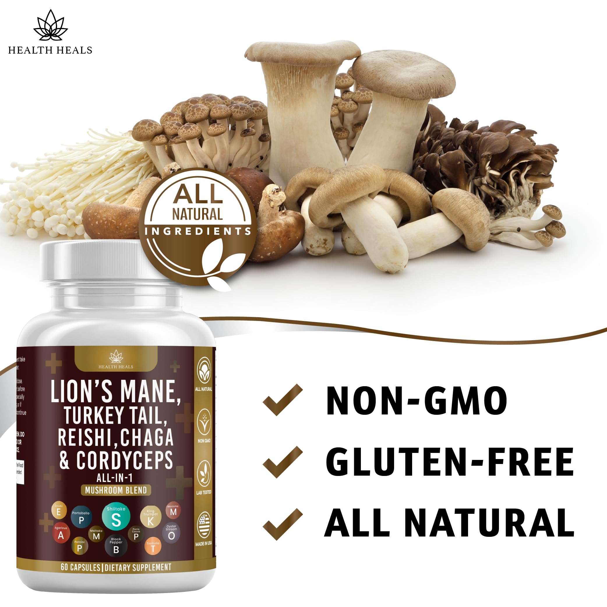 Health Heals 20-in-1 blend displays diverse mushroom benefits in one bottle