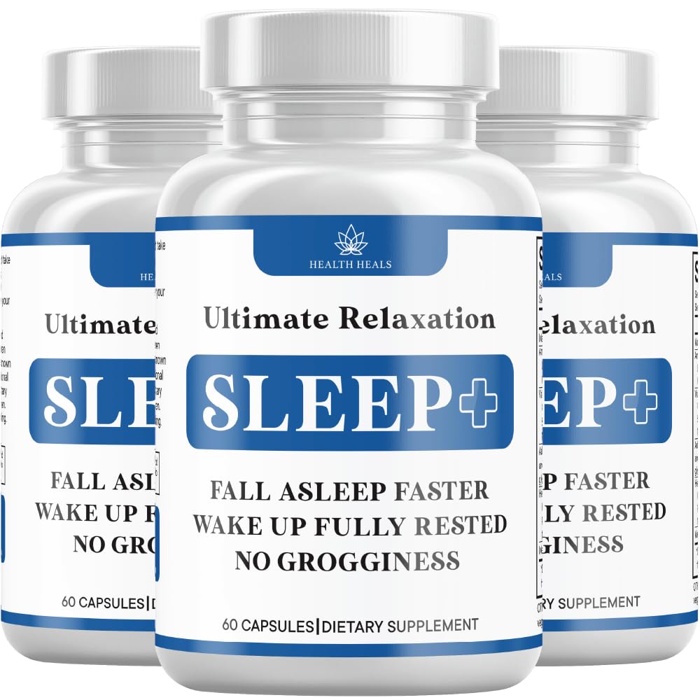 Health Heals Relaxation Sleep Aid bottle front showcases natural ingredients for calmer nights.