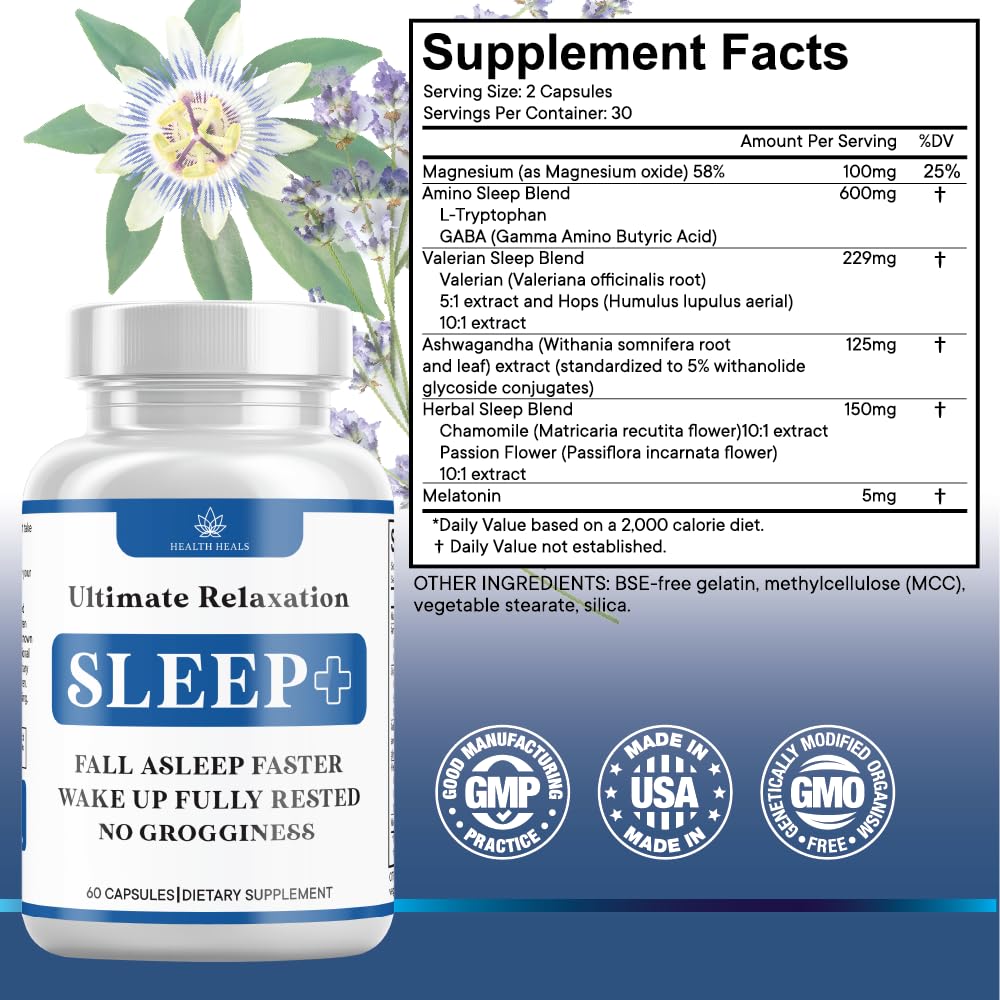 Health Heals Relaxation Sleep Aid bottle top view highlights non-habit forming sleep support for better rest.