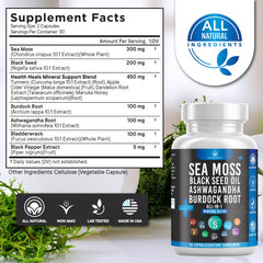 Health Heals sea moss bottle back, listing ingredients for confident daily use.