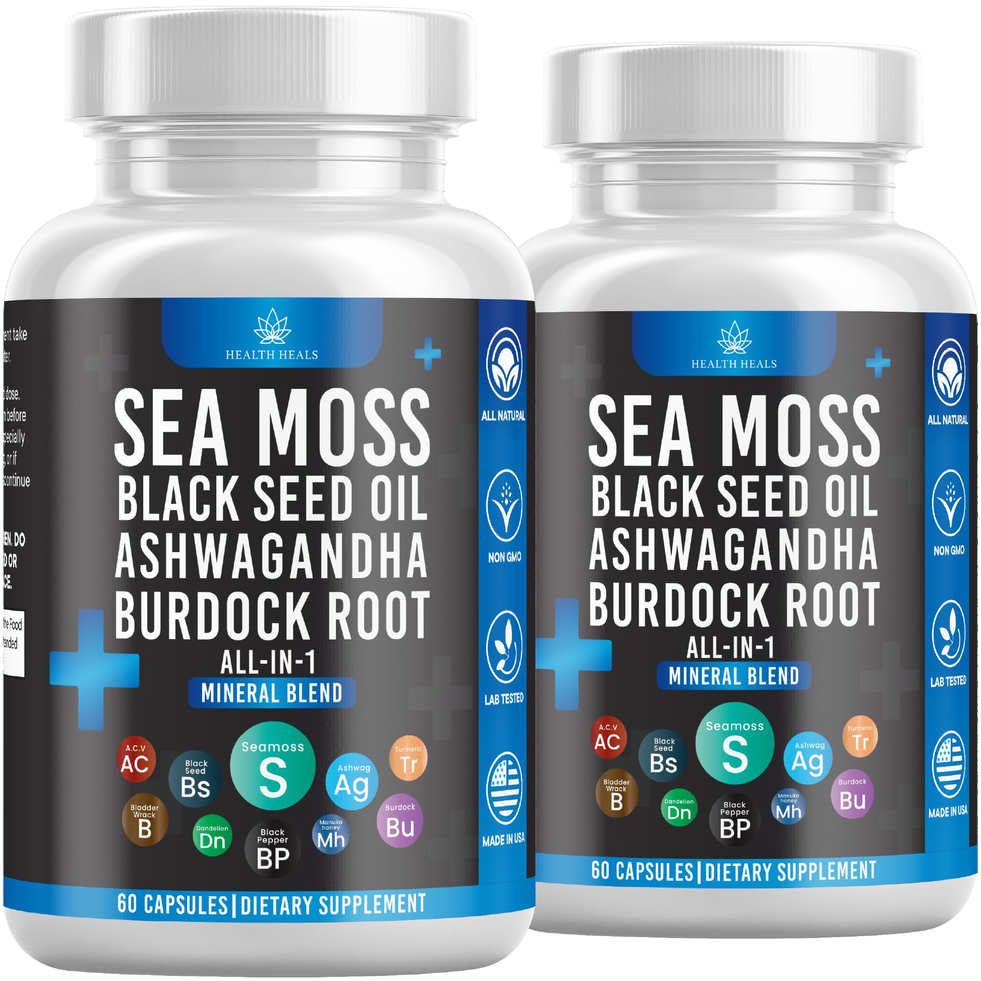 Health Heals sea moss bottle front, promoting daily wellness and natural nourishment.